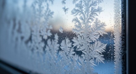 Intricate frost patterns bloom on window glass, light filtering through a hazy, cool background