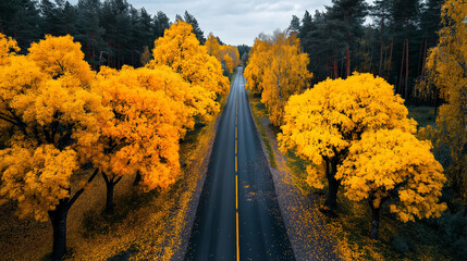 Fototapeta premium Aerial view of road surrounded by autumn trees with yellow leaves 