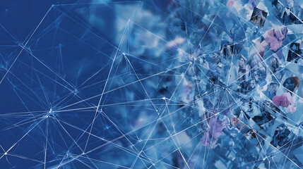 Abstract digital network with interconnected nodes and fragmented images on a blue background