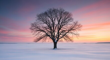 Solitary leafless tree stands in a snow-covered field, bathed in a vibrant sunset sky