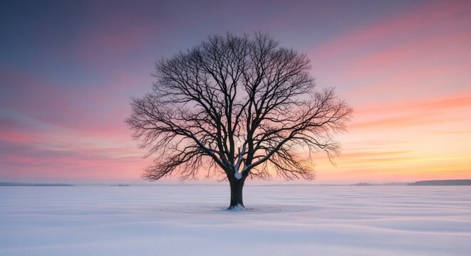 Solitary leafless tree stands in a snow-covered field, bathed in a vibrant sunset sky - Powered by Adobe