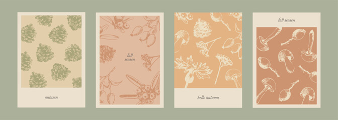Set of autumn poster in sketch style. Modern template for cover, card, social media