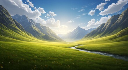 Golden sunlight spills over a pristine mountain valley, where a winding river carves through lush greenery and wildflowers