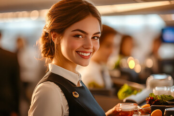 Smiling professional woman in uniform holding a warm drink. Friendly attendant serving beverage in a bustling cafe or restaurant setting.