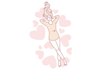 Heart, love and positive emotions concept. Young smiling woman cartoon character lying enjoying warm feelings over heap of hearts vector illustration