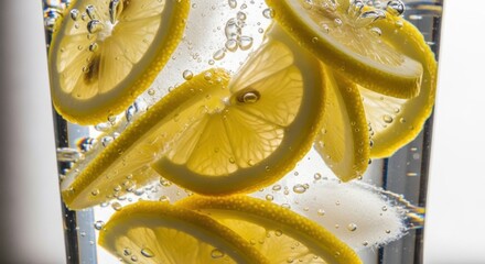 Refreshing clear drink with lemon slices and bubbles
