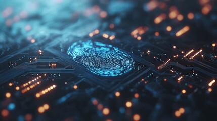 Digital fingerprint technology displayed on a circuit board at night