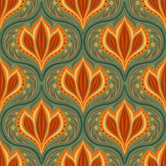 Seamless ornate floral pattern with  leaves and flowers in warm earthy tones. Elegant symmetrical design for textiles, wallpaper, packaging, stationery, fabrics, prints and home decor.