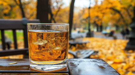 Glass of whiskey with ice on wooden table in autumn park  