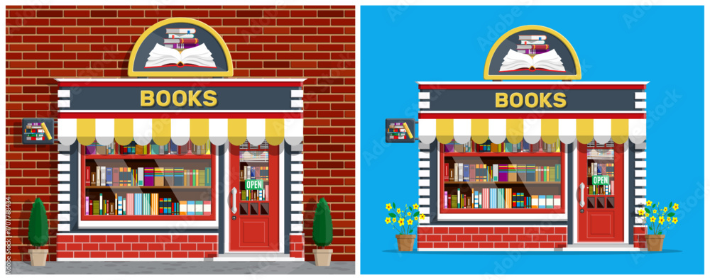 Poster bookstore front with awning and display window showing books. flat style building facade for local b
