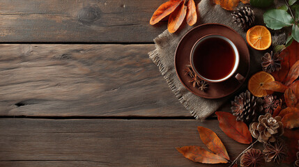 Cozy cup of tea with cinnamon and orange slices on wooden table  