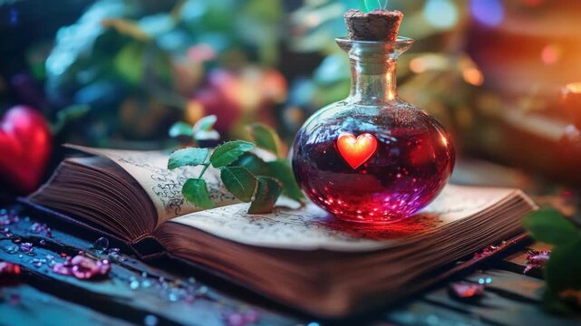 A love potion in a heart-shaped bottle placed on an open spell book beside an apple, evoking themes of fantasy and magic.