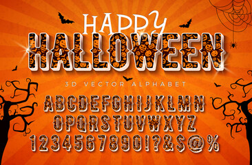 Happy Halloween Alphabet with Pumpkin and Bat Pattern Typography Lettering on Vintage Scary Background. Retro Autumnal Orange Vector Font Collection with ABC, Number and Special Character Design for