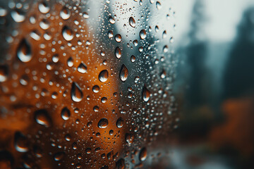 Close-up of raindrops on window with autumn foliage background  