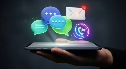 A hand holds a smartphone with vibrant neon icons for messaging, email, and video calls appearing above the screen