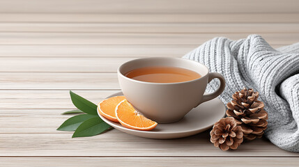 Cozy tea cup with orange slices and pine cones on wooden table  