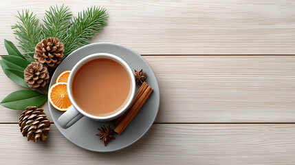 Cozy cup of tea with cinnamon and oranges on wooden table  