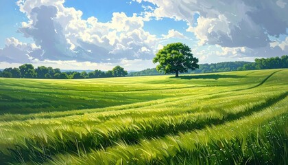 Fototapeta premium Lush Green Field with Distant Trees Under a Partly Cloudy Blue Sky Tranquil Landscape Art Illustration Generative AI