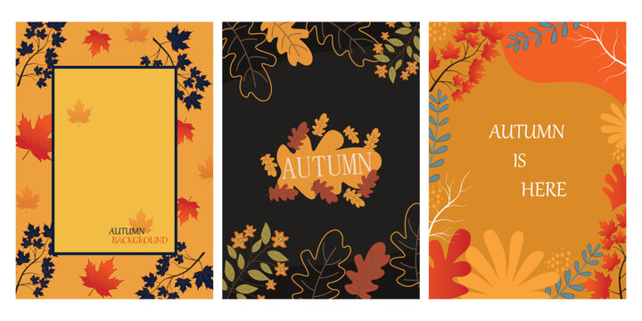 Collection of Autumn mobile  wallpaper  background bright vibrant social media poster, banner, cover, card, story , with yellow and orange leaves. modern autumn greeting card template.