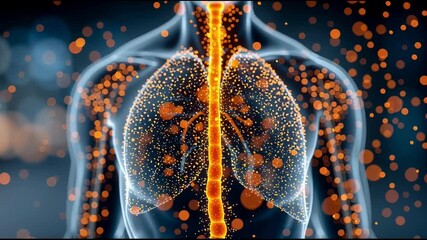 Detailed futuristic depiction of influenza infection, transparent human chest showing glowing viral particles spreading through inflamed lungs - Powered by Adobe