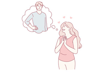 Feeling in love and romance concept. Young smiling female cartoon character standing feeling in love dreaming of her boyfriend vector illustration