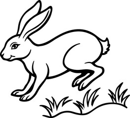 Rabbit Jumping Over Small Grass Simple Line Art Illustration, Minimalist Bunny Outline Vector