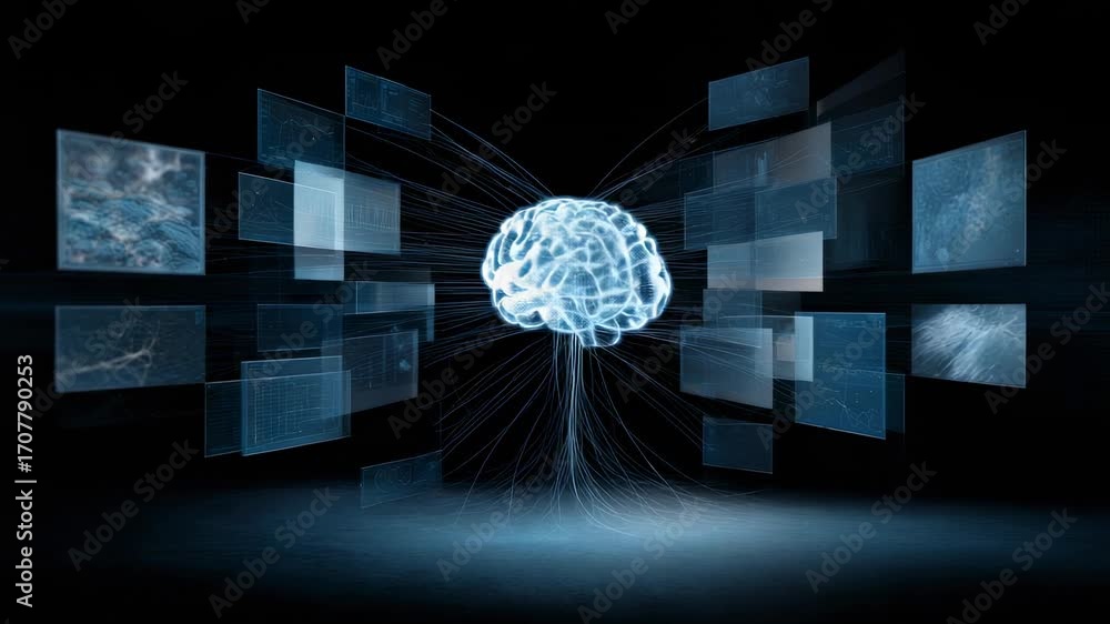 Aufkleber digital brain illuminating with data streams, processing complex information across multiple screens