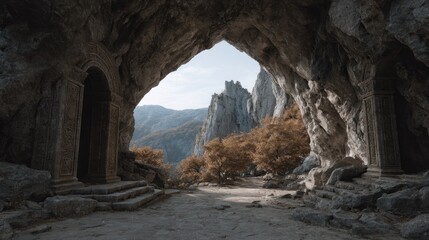 Obraz premium Ancient Cave Entrance with Mountain View, Fantasy Landscape Photography