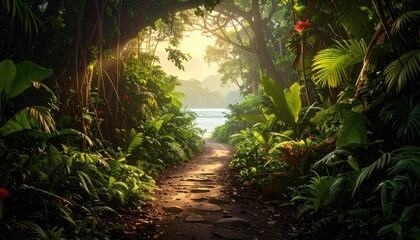 Fototapeta premium Lush Green Tropical Forest Path Leading to River with Sunlight Streaming Through Trees and Mossy Rocks Under a Bright Sky Outdoors Nature Landscape
