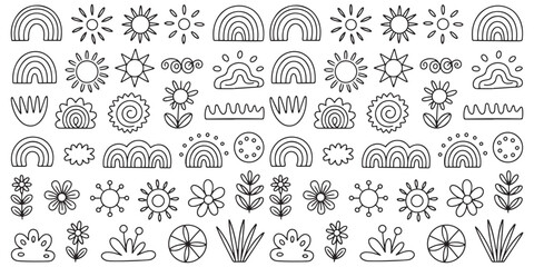 Line Art Icon Set and Vector Boho Seamless Pattern. Doodle, vector icon, boho pattern, Hand Drawn Abstract Rainbow Sun Moon Floral Printable. Vector illustration