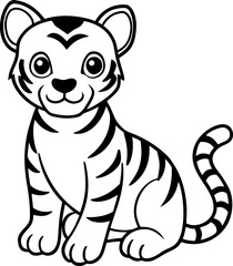 Cute Tiger Cub Sitting with Stripes, Playful Minimalist Animal Vector Illustration, Adorable Baby Tiger Design, Creative Wildlife Cartoon Concept