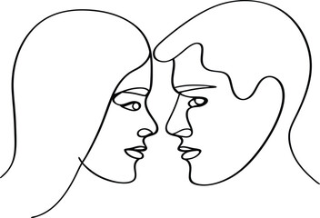 Couple Faces Single Line Drawing Vector, Romantic Couple One Line Art Vector