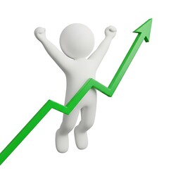 Conceptual image of financial achievement and market growth with a celebrating 3D character and upward arrow