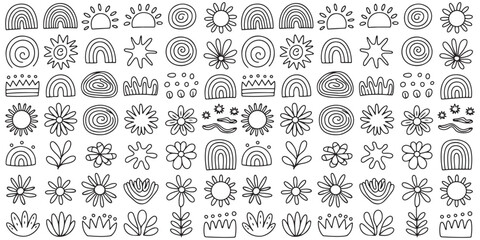 Line Art Icon Set and Vector Boho Seamless Pattern. Doodle, vector icon, boho pattern. Hand Drawn Abstract Rainbow Sun Moon Floral Printable. Vector illustration