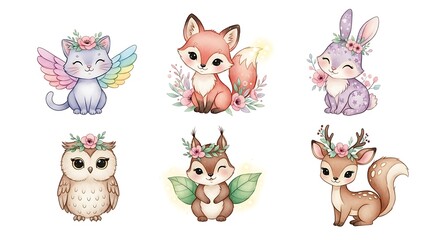 Enchanting collection of cute watercolor baby animals with floral elements for children's decor