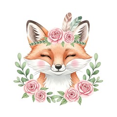 Adorable Fox with Floral Crown Watercolor Illustration