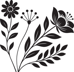 Elegant Floral Silhouette: A striking black silhouette of diverse blooms and lush foliage, artfully arranged to create a sophisticated and timeless graphic.