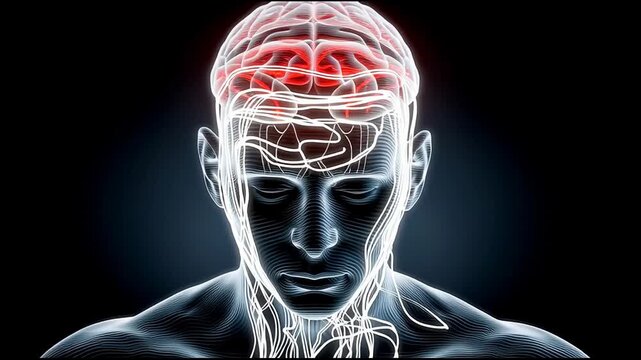 Anxiety Neural Portrait: Low-angle close-up of a head and neck traced by luminous lines; a red frontal brain glow pulses as threads stream up the throat, suggesting mounting stress in a minimal scene.