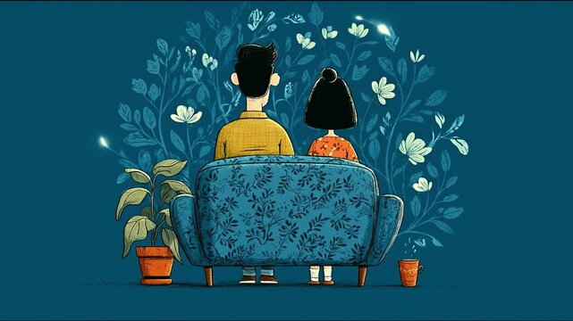 Couple sitting on sofa illustration