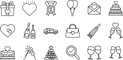 Celebration icons featuring wedding cake, champagne, gifts, and hearts for special occasions