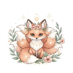 Enchanting Nine-Tailed Fox Illustration A Whimsical Portrait with Floral Accents