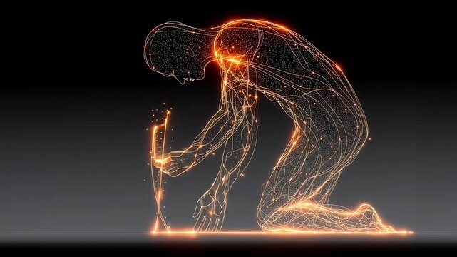 Anxiety Kneeling Figure: A luminous wireframe human bows forward on one knee, glowing threads pulse and tighten as a delicate light line extends across the floor.