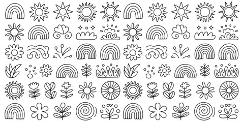 Line Art Icon Set and Vector Boho Seamless Pattern. Doodle, boho pattern, vector icon. Hand Drawn Abstract Rainbow Sun Moon Floral Printable. Vector illustration