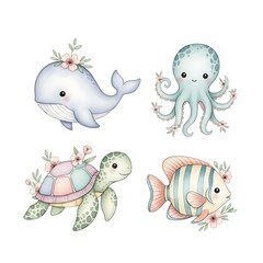 Adorable Watercolor Illustrations of Cute Sea Creatures with Floral Accents