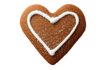A Christmas gingerbread cookie shaped like a heart, isolated on a transparent background.