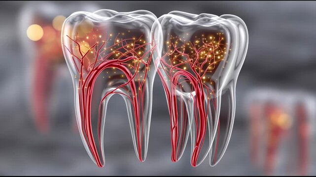 Two transparent molars reveal arched red pulp bundles and branching nerves with golden impulses, clinical macro visualization for toothache, sensitivity, pulpitis, and endodontic education on a neutra