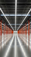 A spacious, modern industrial warehouse interior with high ceilings, numerous red columns, and bright linear lighting creates a clean, reflective ambiance.