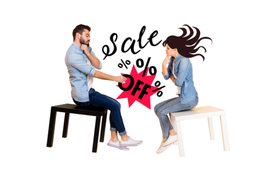 Composite photo collage of two serious girl guy sit table think shopping promo percent sale price bargain isolated on painted background - Powered by Adobe