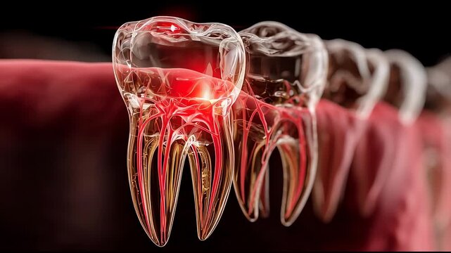 Inflamed molar in dental row, transparent enamel reveals arched red pulp and branching nerves with bright crown hotspot; cinematic macro medical visualization for toothache, sensitivity, and pulpitis 