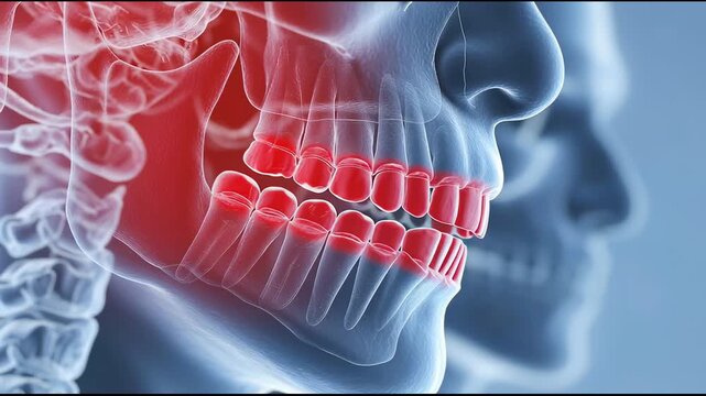Lateral translucent skull shows dental row with red flare over posterior molars, illustrating acute jaw toothache and radiating pain; clean clinical visualization for pulpitis, sensitivity, TMJ overla